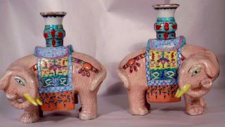 Chinese Rose Famille Porcelain Joss Stick Candle Holders Candlestick Elephants