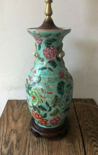 Antique Vintage Chinese Green Porcelain Vase W/ Flowers Peony Table Lamp & Shade