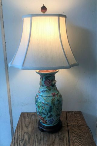 Antique Vintage Chinese Green Porcelain Vase w/ Flowers Peony Table Lamp & Shade 2