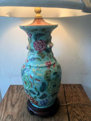 Antique Vintage Chinese Green Porcelain Vase w/ Flowers Peony Table Lamp & Shade 3