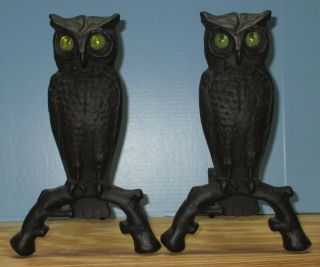Vintage Cast Iron Owl Andirons With Glass Eyes Fireplace Decor