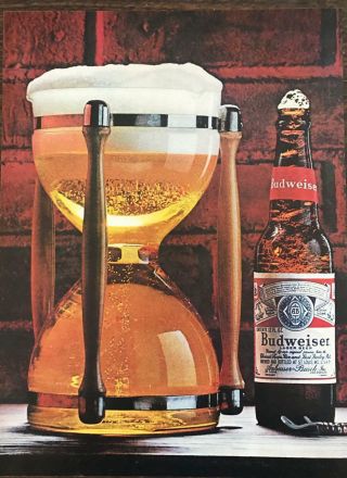 Vintage 1965 Budweiser Beer Print Ad Hourglass - Great Piece For Bar Owners