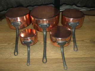 Vintage French Set 5 Tournus Copper Cuisine Sauce Pan Metal Handles Lined