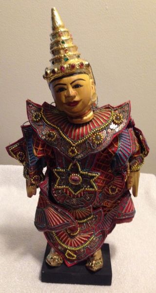 Vintage Indonesian Asian Wood String Marionette Puppet Gold Sequins With Stand