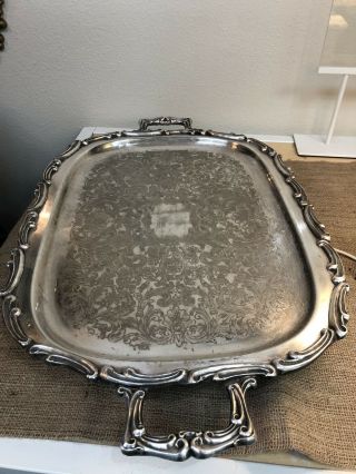 Huge Vintage Leonard Silver Plate Serving Tray With Handles & Footed 28” Long