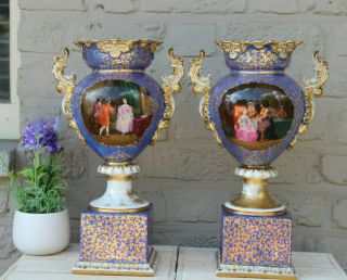 Rare Antique Pair French Vieux Paris Porcelain Hand Paint Victorian Scene Vases