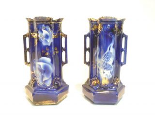 Antique English Porcelain Cobalt Blue Hand Painted Golden Vases Pair,  Urn 5 