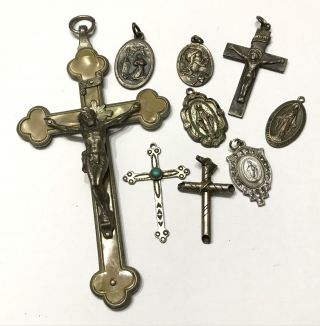 Antique Sterling Silver Religious Saint Cross Crucifix Necklace Charms Pendants