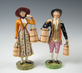 Antique English Porcelain Derby Figurine Man & Woman With Milk Cans 1820