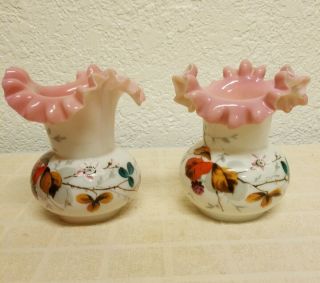 Vintage Bristol Vaseline Glass Ruffled Pink And White Floral Bulb Vase,  Set Of 2