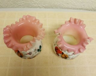 Vintage Bristol Vaseline Glass Ruffled Pink And White Floral Bulb Vase,  Set Of 2 3