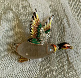 Rare Vintage Coro Craft Sterling Signed Jelly Belly Flying Duck Goose Brooch Pin