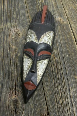 Vintage Ghana Ashanti African Tribal Art Wall Mask Hand Carved Wood & Metal
