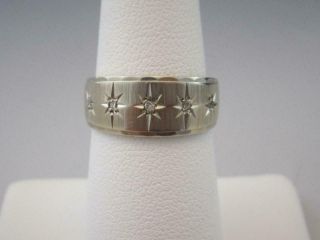 Vintage 14k White Gold Band Ring W/ Diamonds & Engraved W/ Starbursts Size 7