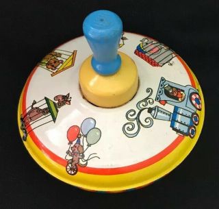 Vintage Ohio Art Spinning Top Toy Circus Tin Animal Train Litho Wooden Handle