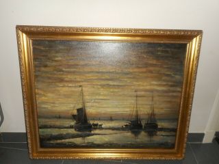 Large Old Oil Painting,  { Coast Scene With Fishermen & Moon,  After Mesdag }.