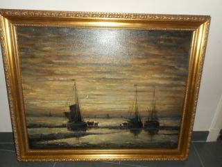 Large old oil painting,  { Coast scene with fishermen & moon,  after Mesdag }. 2