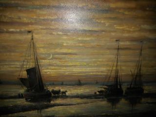 Large old oil painting,  { Coast scene with fishermen & moon,  after Mesdag }. 3