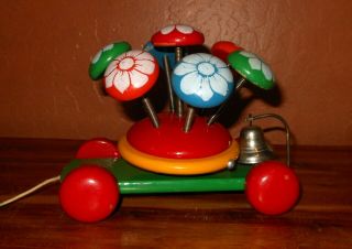 Vintage Kouvalias Wooden Pull Along Toy Wheeled Cart Wooden Discs & Springs Bell