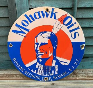 Vintage Mohawk Oils Porcelain Sign Gas Service Station Pump Plate Motor Oil