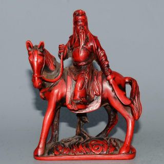 Collect China Old Red Coral Hand - Carved Guan Yu Ride Horse Vivid Precious Statue