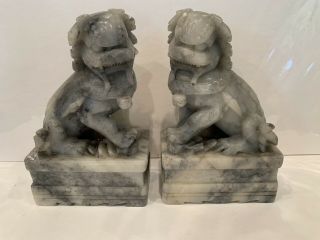 Pair Vintage Estate Find Carved Jade Marble Chinese Foo Dog Lion Statue Bookends