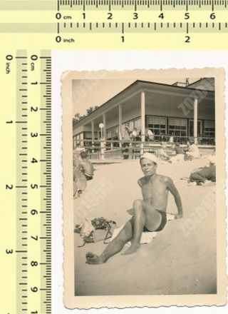 Shirtless Guy With Cap On Beach,  Man Laying In Sand Vintage Photo