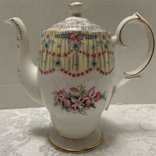 Royal Bridal Gown Coffee Pot Queen Anne England 1950s Rare Orchids Bows Pink/gld
