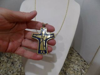 Vintage Terra Sancta Guild Israel Large Brass Jesus Cross Necklace/pendant 1967