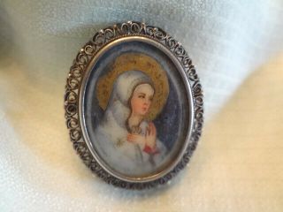 Fabulous Early Vintage 800 Silver Ornate Hand Painted Virgin Mary Brooch