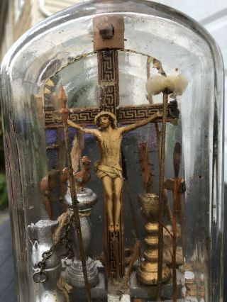 Antique Crucifix Church Scene Jesus Christ In A Bottle Folk Art 2