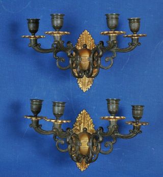 Pair Antique 19th Century French Patina N Gilt Bronze Wall Sconces : 8 Lights
