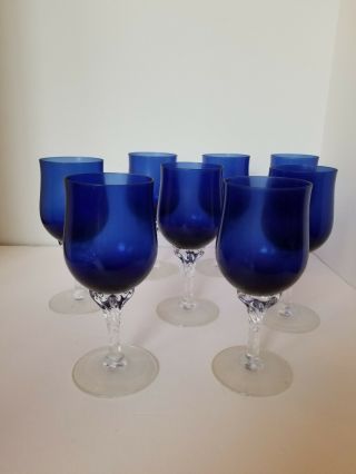 8 Vintage Celebrity Cambridge Cobalt Blue,  Twist Stem Wine Goblets - West Germany