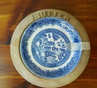 Vintage Blue " Willow " Butter Dish With Wooden Base,  W.  R.  Midwinter Ltd England