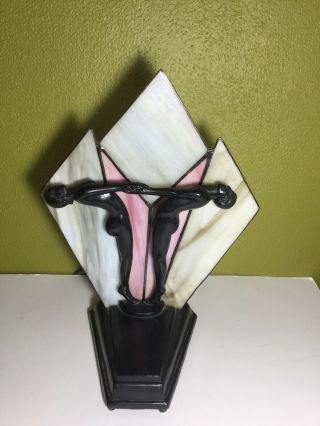 Art Deco Nude Couple Silhouette Metal Table Lamp White Pink Slag Glass Shade Vtg