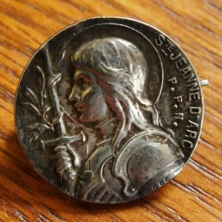 Antique Rare Old Silver Brooch Religious Medal St Joan Of Arc,  Signed Obc