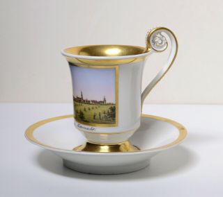 19С Antique Empire Kpm Porcelain Cup N Saucer Greifswald Topographical
