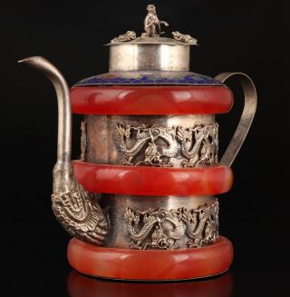 China Tibet Silver Jade Teapot Kettle Dragon Mascot Home Decoration Old