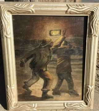 Antique American Impressionist Wpa Modern Cityscape Oil Painting Firefighters