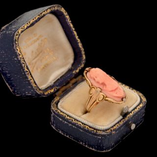 Antique Vintage Nouveau 14k Gold Etruscan Angelskin Coral Cameo Pinky Ring Sz 3