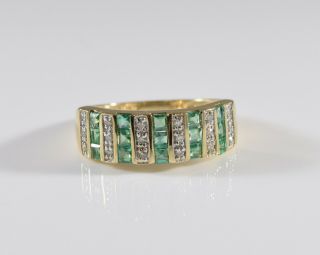 Vintage 14k Yellow Gold Diamond And Emerald Ring Band Size 7 1/4
