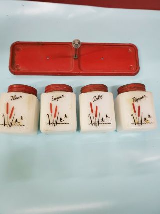 Vintage Tipp Usa White Milk Glass Red Flowers Shakers With Lids