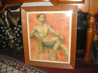 Vintage Gay Interest Art Pastel Drawing Muscular Nude Man - Large - Framed - Lqqk