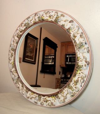 Rare Antique Painted Figural Capodimonte Cherubs Porcelain Circular Wall Mirror
