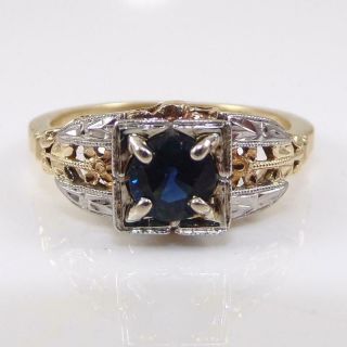 Vintage Antique Art Deco 14 - 18k White Yellow Gold Blue Sapphire Ring Sz 6.  5 Lfe2