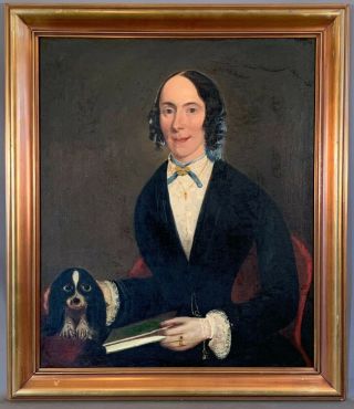 Ca.  1840 Antique 19thc Victorian Era Lady & Dog Old Portrait Folk Art Painting