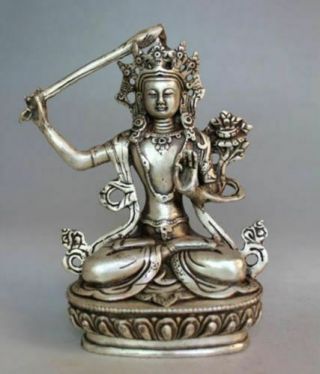 Exquisite Tibet Buddhism Silver Copper Manjushri Bodhisattva Buddha Statue