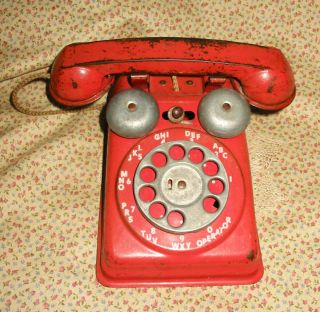 Vintage The Steel Stamping Co Red Tin Metal Toy Rotary Dial Telephone Loraine Oh