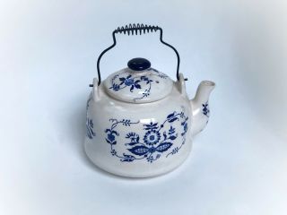 Antique Vintage Japanese Blue Floral White Porcelain Teapot Made In Japan Teapot