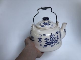 Antique Vintage Japanese Blue Floral White Porcelain Teapot Made In Japan Teapot 2
